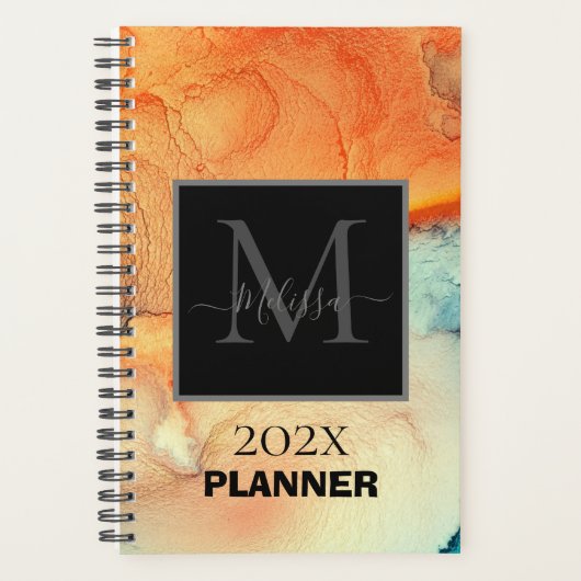 Modern Sinaasappel en Blauw Marmered Monogram Planner (Voorkant)