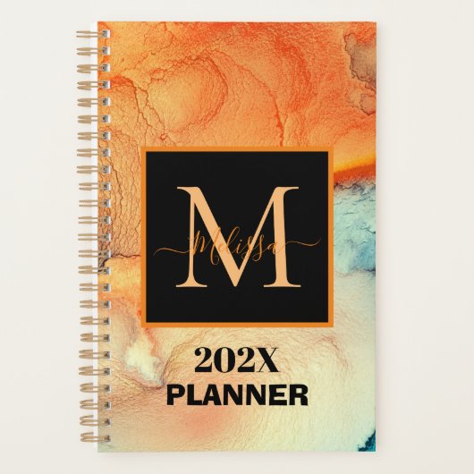 Modern Sinaasappel en Blauw Marmered Monogram Planner (Voorkant)