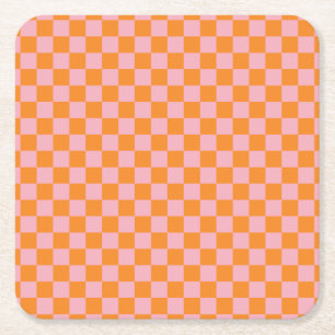 Modern Sinaasappel en Roze Checkers Halloween Kartonnen Onderzetters