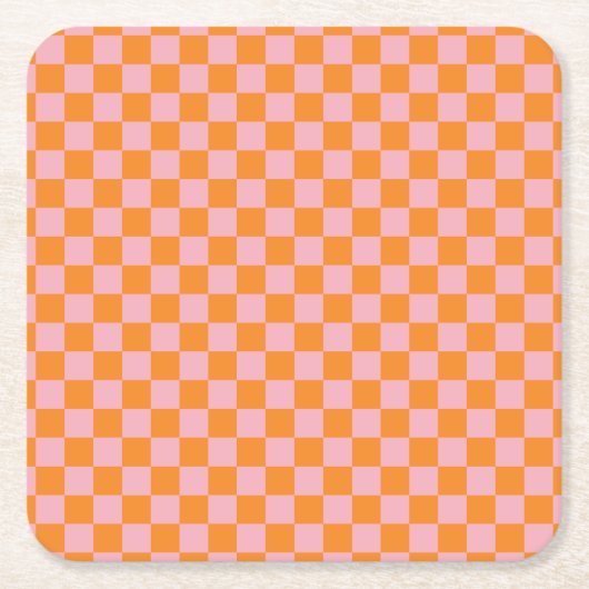 Modern Sinaasappel en Roze Checkers Halloween Kartonnen Onderzetters (Voorkant)