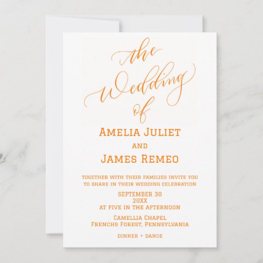 Modern Sinaasappel en Wit Eenvoudige Bruiloft Kaart (Voorkant)