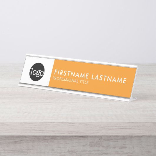 Modern Sinaasappel en Wit - Voeg Logo, Naam, Titel Bureau Naambordje (Voorkant)