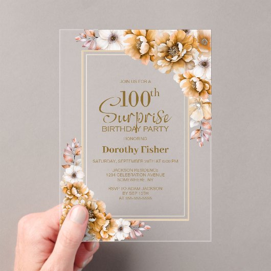 Modern Sinaasappel Floral Surprise 100ste verjaard Acryl Uitnodigingen (Insitu (Draagbaar))