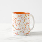 modern sinaasappel op witte handgeschreven namen tweekleurige koffiemok (Voorkant rechts)
