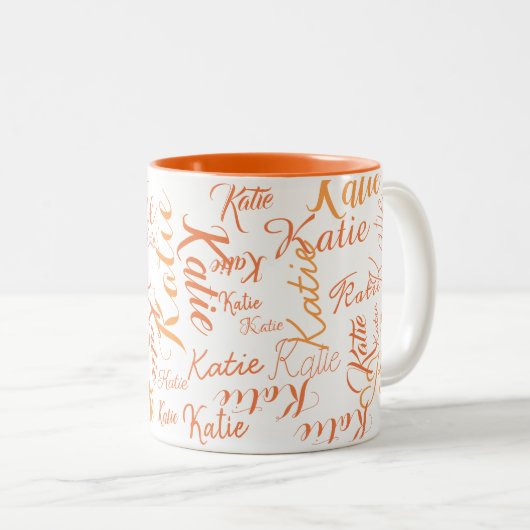 modern sinaasappel op witte handgeschreven namen tweekleurige koffiemok (Voorkant rechts)