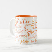 modern sinaasappel op witte handgeschreven namen tweekleurige koffiemok (Voorkant links)