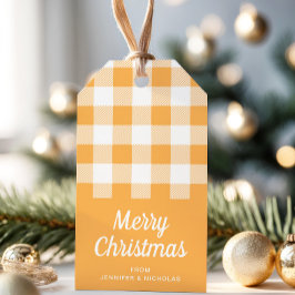Modern Sinaasappel Plaid Vrolijk kerstfeest Cadeaulabel