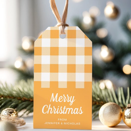 Modern Sinaasappel Plaid Vrolijk kerstfeest Cadeaulabel