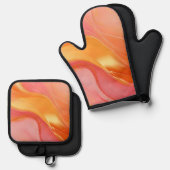 Modern Sinaasappel Roze en Goud Abstract Luxe- Ovenwant & Pannenlap Set (Voorkant / Achterkant)