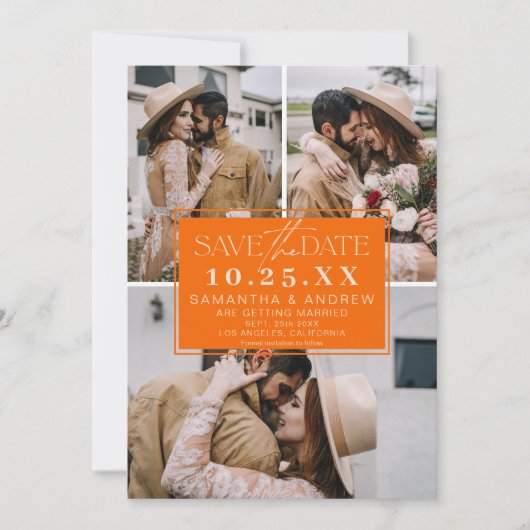 Modern sinaasappel save the date 3 foto's grid col (Voorkant)