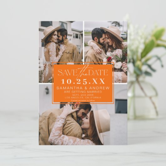 Modern sinaasappel save the date 3 foto's grid col (Staand voorkant)