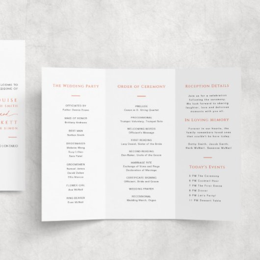Modern Sinaasappel Trifold Wedding Program Papiere