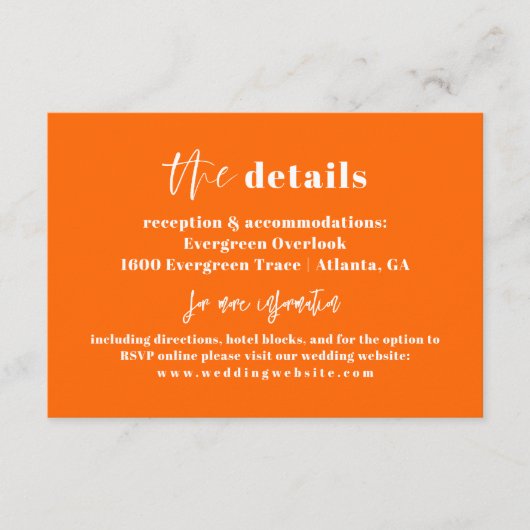 Modern Sinaasappel Vette Bruiloft Details Kaart (Voorkant)