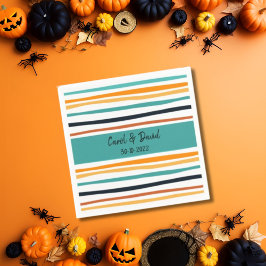 Modern Sinaasappel Wit Gestreept Halloween Bruilof Servet