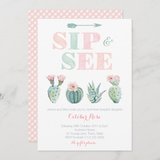 Modern Sip en zie Waterverf Cactus Kaarten (Voorkant / Achterkant)