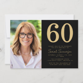 Modern Sixtieth Black Gold Photo 60th Birthday Kaart