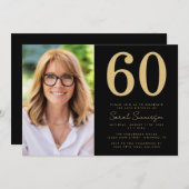 Modern Sixtieth Black Gold Photo 60th Birthday Kaart (Voorkant / Achterkant)