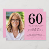 Modern Sixty Pink Black Photo 60th Birthday Party Kaart (Voorkant / Achterkant)