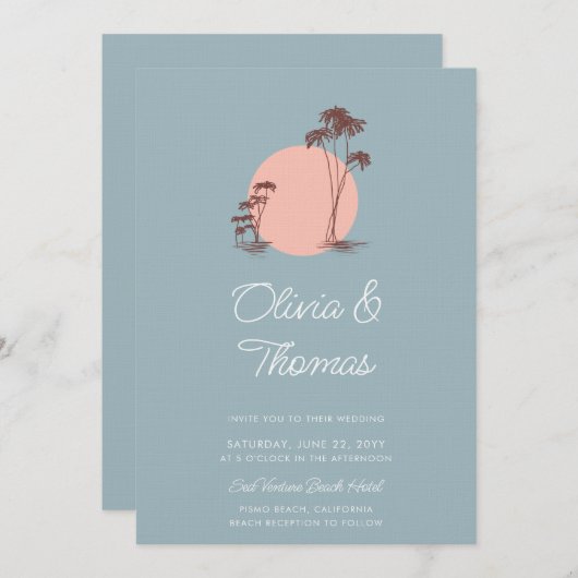Modern Sketch Palm Trees Dusty Blue Beach Wedding Kaart (Voorkant / Achterkant)
