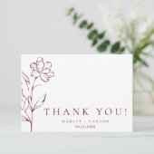 Modern Sketched Floral Burgundy Stylish Wedding Bedankkaart (Staand voorkant)
