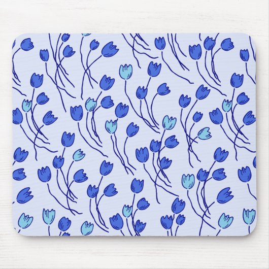 Modern Sketchy Tulips Pattern | Blue Delft Muismat (Voorkant)