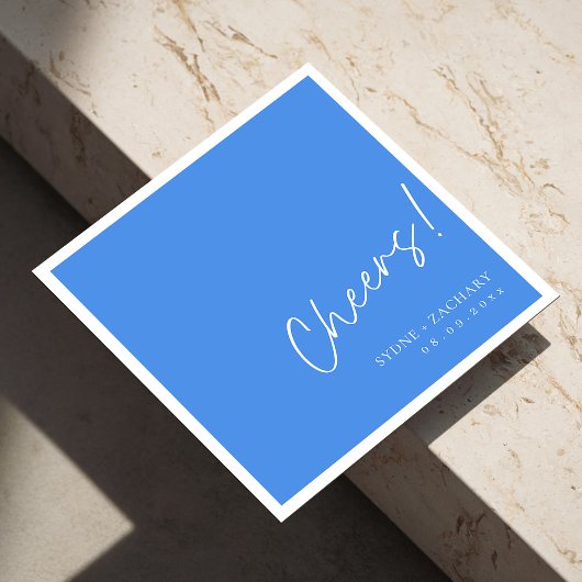 Modern Sky Blue Cheers bruiloft servetten met name