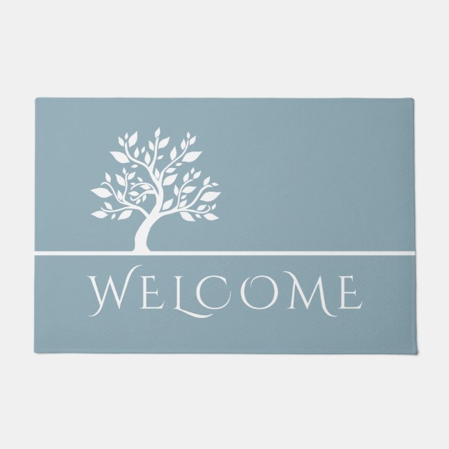 Modern Sky Blue Elegant Classy Tree YOGA Welkom Deurmat (Voorkant)