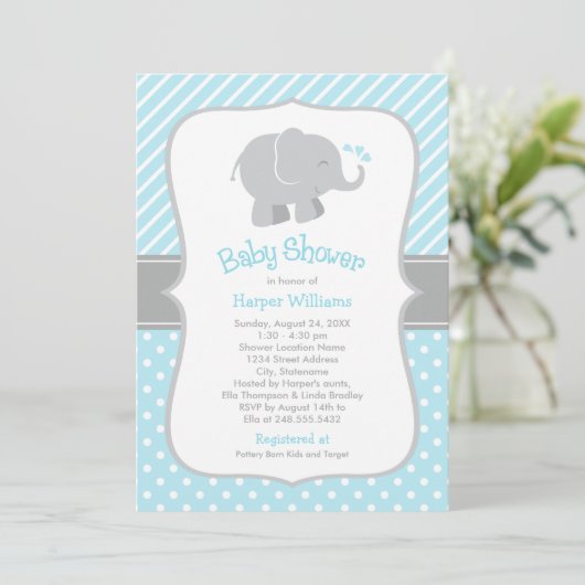 Modern Sky Blue en Grey Elephant Boy Baby shower Kaart (Staand voorkant)