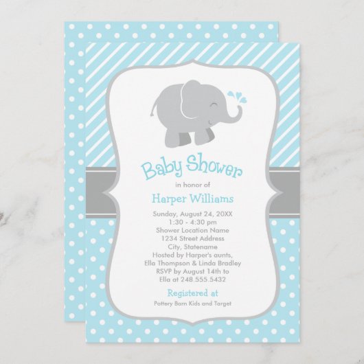 Modern Sky Blue en Grey Elephant Boy Baby shower Kaart (Voorkant / Achterkant)
