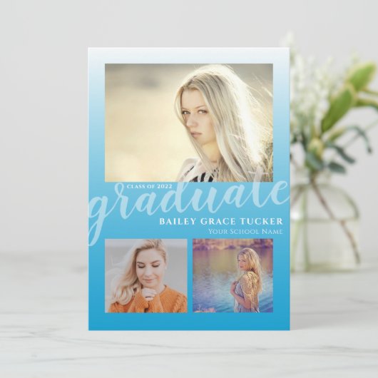 Modern Sky Blue Ombre Afstuderen 3 foto's Afstuder Aankondiging (Staand voorkant)