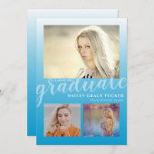Modern Sky Blue Ombre Afstuderen 3 foto's Afstuder Aankondiging (Voorkant / Achterkant)