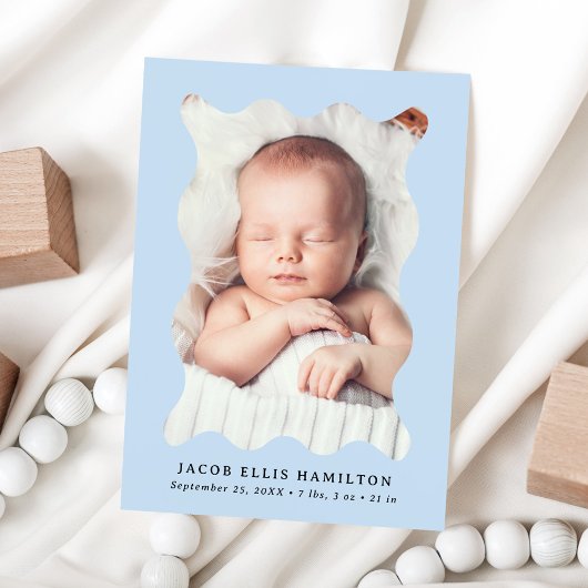Modern Sky Blue Wavy Lijst 2 Foto Geboorte Aankondiging