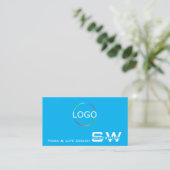 Modern Sky Blue White met Monogram Logo en foto Visitekaartje (Staand voorkant)