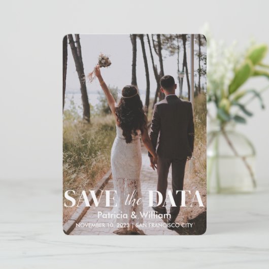 Modern Sla de datum bos groene foto bruiloft Kaart (Staand voorkant)