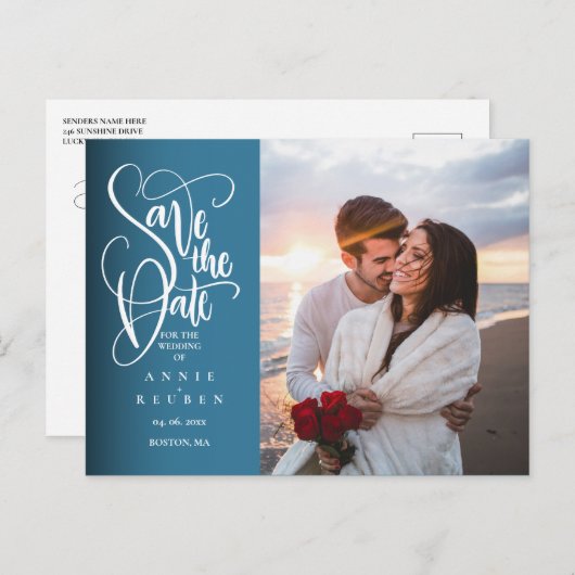 Modern Sla de datum Elegant White Script Photo Aankondigingskaart (Voorkant / Achterkant)