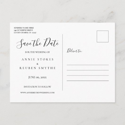 Modern Sla de datum Elegant White Script Photo Aankondigingskaart (Achterkant)