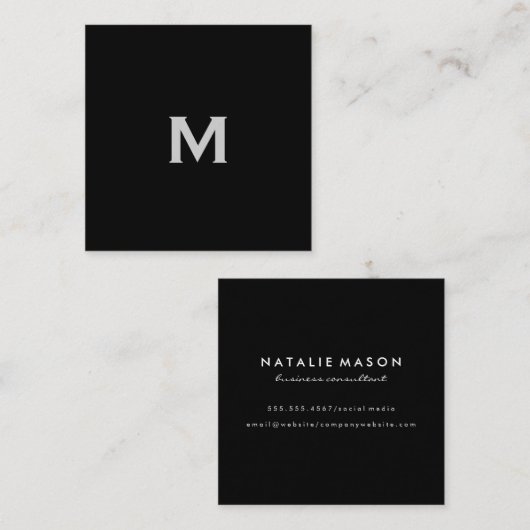 Modern Slank Lux Monogram op zwart Vierkante Visitekaartje (Voorkant / Achterkant)