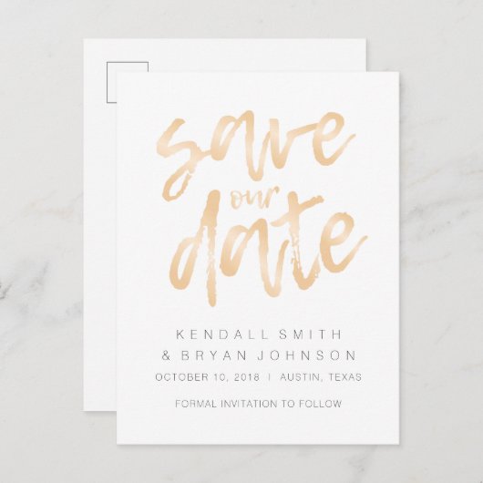 Modern Slank Minimalistisch Roos Gold Save the Dat Aankondigingskaart (Voorkant / Achterkant)