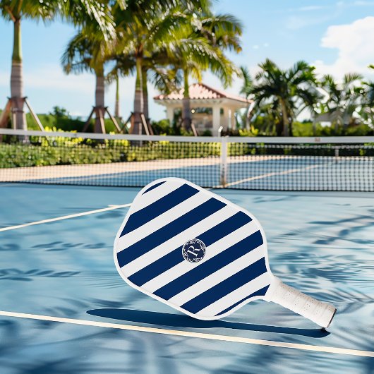 Modern Slank Nautical Navy Blauw en Wit Gestreept Pickleball Paddle