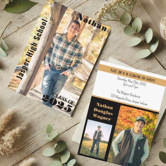 Modern Slank Zwart Goud Afstuderen Fotonaam Kaart