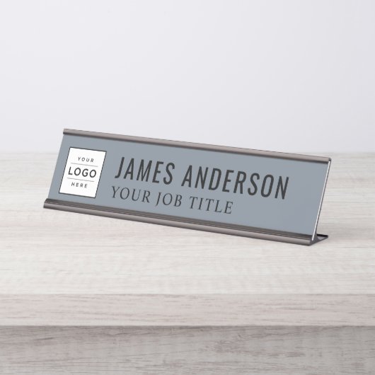 Modern Slate Blue Grey Personalized Business Logo Bureau Naambordje (Voorkant)