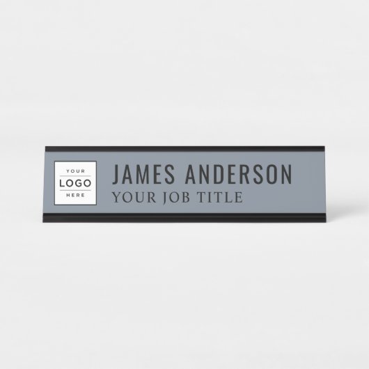 Modern Slate Blue Grey Personalized Business Logo Bureau Naambordje (Voorkant)