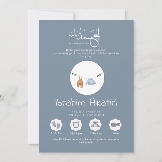 Modern Slate Blue Islamic Baby Boy Birth Aankondiging (Voorkant)