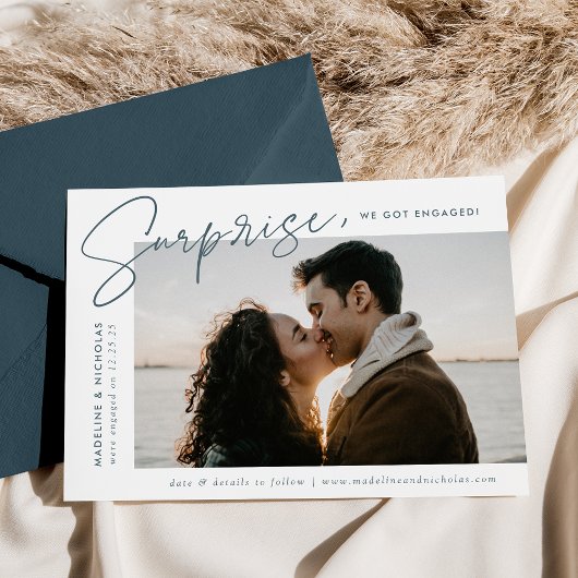 Modern Slate Blue Script Surprise Photo Verloving Aankondiging