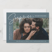 Modern Slate Blue Surprise Foto Verloving Aankondiging (Voorkant)