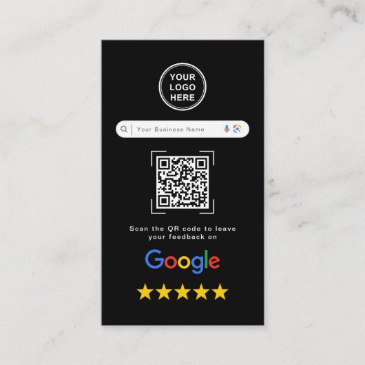 Modern Sleek Black Google Review QR Code Visitekaartje (Voorkant)