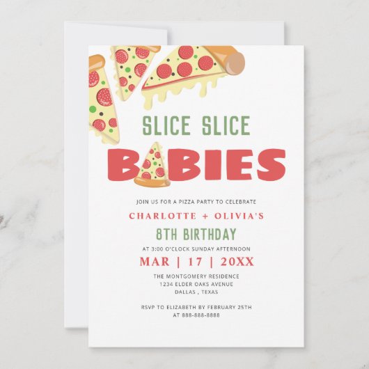 Modern Slice Baby Twins Pizza Verjaardagsfeest Kaart (Voorkant)