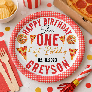 Modern Slice Slice Baby Pizza 1e Verjaardag Papieren Bordje