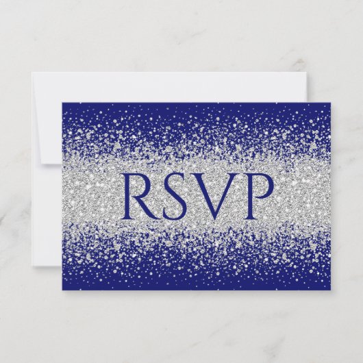 Modern Sliver Glitter over Royal Blue RSVP Kaartje (Voorkant)