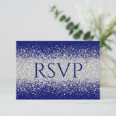 Modern Sliver Glitter over Royal Blue RSVP Kaartje (Staand voorkant)